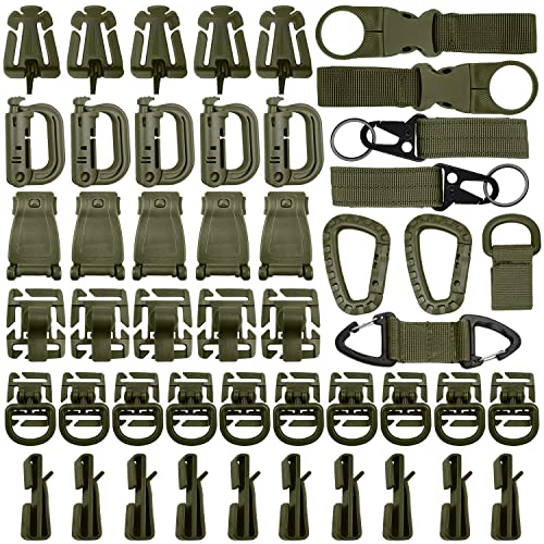 Eagool Taktische Tasche Clip Strap Set für Taktische Rucksack Molle Tasche, D-Ring-Verriegelung, Web Dominator elastische Schnur und Schnallen, MOD Riemen, Schlüsselringhalter (48 Stück Armeegrün) Cover