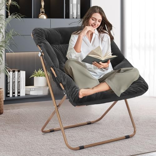 SFIHOME Foldable Oversized Moon Chair, Large Soft Lazy Cozy Comfortable Faux Fur Square Saucer Moon Chair for Teens and Adults, Black
