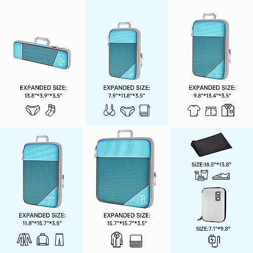 NiHome 7PCS Compression Packing Cube Set Expandable Mesh Travel Bag Luggage Organizers with Electronic Cable Cord Charger Organizer Drawstring Bag for Trip Home Storage Travel Gear Accessories (Blue)4