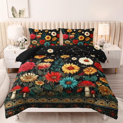Image of AILONEN Enchanted Forest Queen Comforter Set 3 Piece, Floral Mushroom Bedding Pack, Gerbera Border Star Dot Print, Guest Bedroom, 2 Pillowcases