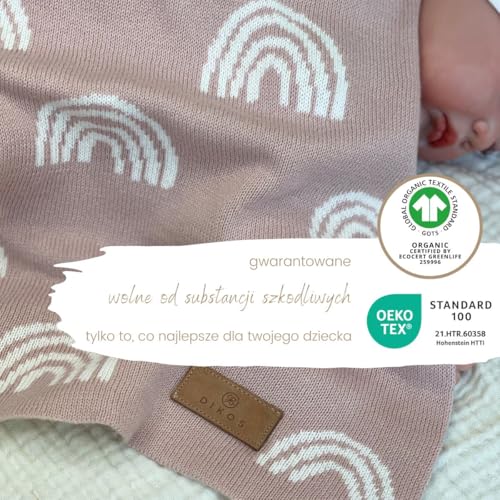 Babydecke Baumwolle rosa Regenbögen - aus 100% GOTS BIO Baumwolle (kbA kontrolliert biologischer Anbau) Mädchen Strickdecke Baby Decke Baumwolldecke Strick Kinderwagen Kuscheldecke Geschenk zur Geburt