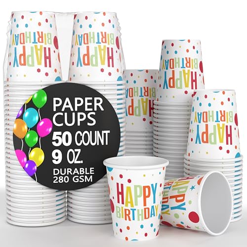 Party Solids 9 oz Disposable Paper Coffee Cups - 50 Count - BPA-Free Durable Leak-Free Recyclable - Perfect for Hot & Cold Drinks Parties Home & Office