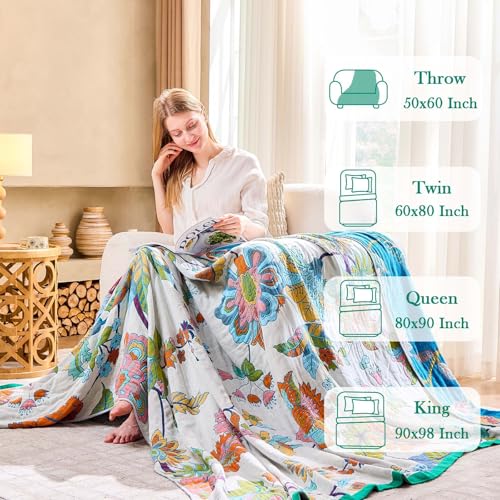 Image of XIBLC Summer Throw Blanket, 90 inchx98 inch Reversible Bohemian Flower Blanket, 100% Cotton Muslin Breathable Woven, Farmhouse Decorative Throw Blanket