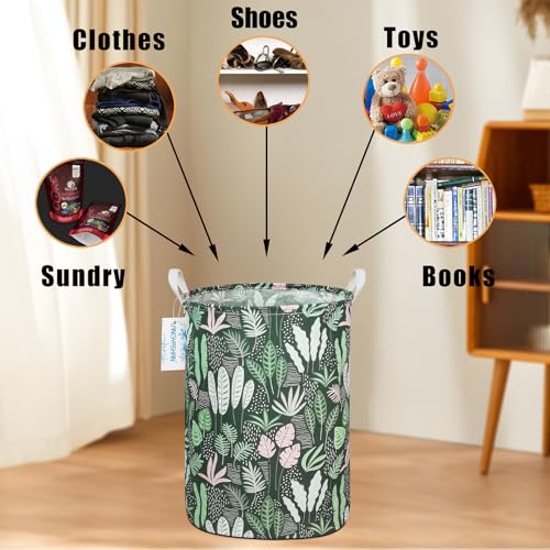 Image of Round Laundry Basket Collapsible Storage Hamper Organizer Full Leaf | Waterproof Canvas Foldable Baskets with sturdy Handles Multi-scene Organizer for Home Play Bedroom Gift Bin