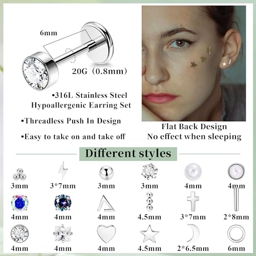 18Pairs 20G 316L Stainless Steel Threadless Push in Stud Earrings for Women Men Flat Back Cartilage Stud Earring Helix Tragus Stud CZ Heart Moon Star Ear Stud Piercing Jewelry4