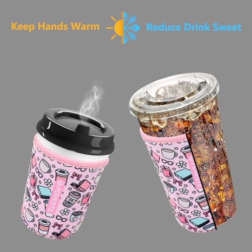 Image of Reusable Neoprene Insulator Sleeve for Iced Coffee & Cold Soda, Coffee Sleeves for Iced & Hot Drinks, Cold Beverage Cooler Compatible with Starbucks, Dunkin (Coffee Break, Medium: 22-24oz)