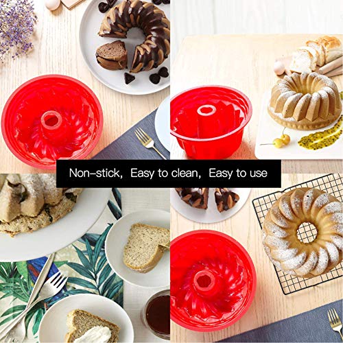 Aokinle Silicone Baking Molds 2-Pack, European Grade Fluted Round Cake Pan, Non-Stick Cake Pan for Jello,Buntcake,Gelatin,Bread, 9.45 Inches Tube Bakeware Red