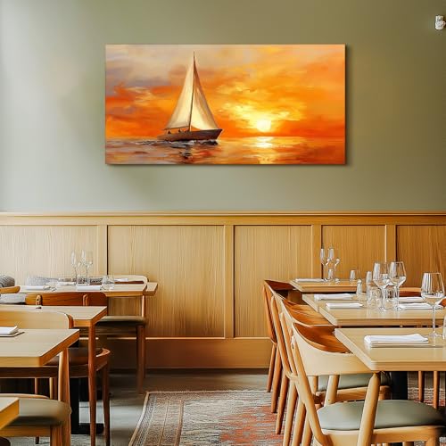 SERIMINO Sailboat Large Wall Art, Ocean Sunset Landscape Canvas Painting, Nature Nautical Scenery Art Prints, Orange Aesthetic Pictures Wall Decor Living Room Bedroom Bathroom Home Office 24"X48"