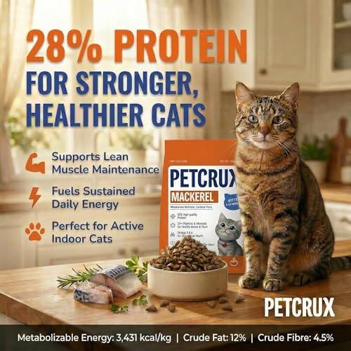 Image of Petcrux Dry Adult Cat Food, Mackerel Fish Flavor, with Omega 3 & 6 and Taurine, Complete & Balanced Nutrition for Adult Cats, 1 kg