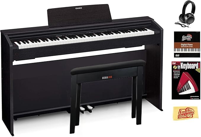 Casio PX-870 Privia Digital Piano - Black Bundle with Furniture Bench, Headphones, Instructional Book, Online Lessons, Instructional DVD, and Austin Bazaar Polishing Cloth
