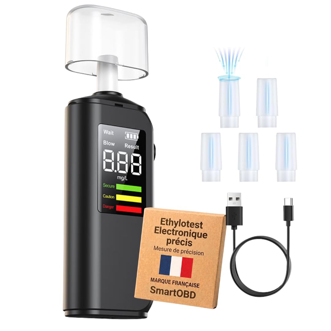 SmartOBD Alcootest Ethylotest Électronique Rechargeable USB-C | Testeur alcoolémie Écran LCD Alerte Vocale LED 3 Couleurs | 5 Embouts Réutilisables | Marque Française - 1