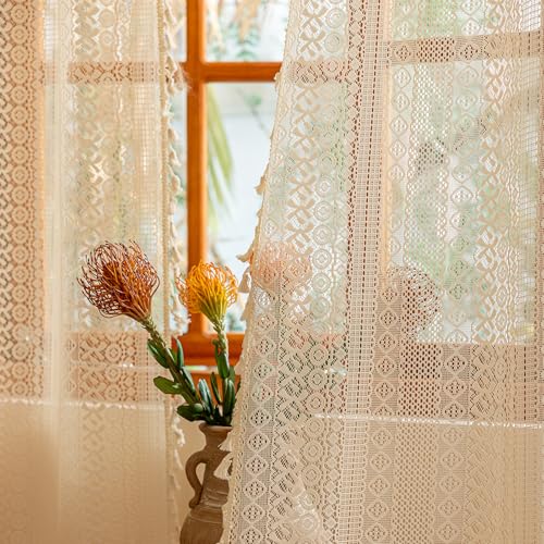 Sutuo Home Beige Boho Lace Curtains 84 inches Long Crochet Macrame Bohemian Drape Farmhouse Vintage Chic Tassels Cream Sheer Window Curtains for Living Room&Bedroom Decor Rod Pocket 2 Panels 50 W