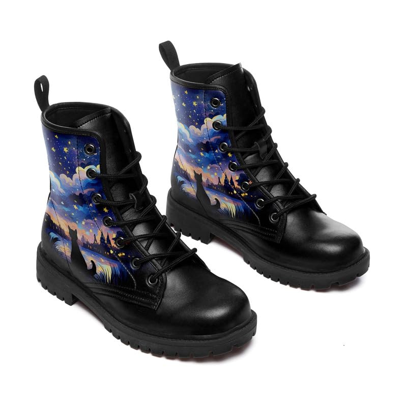 Womens Winter Boots Combat Boots Waterproof Ankle Boots Lace Up Ladies Shoes Platform Leather Work Booties, Comfortable Stylish Starry Night Pattern Boots3