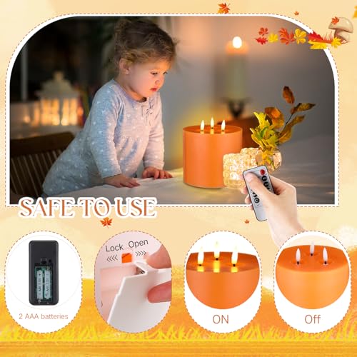 Image of Retisee 2 Pack Orange Extra Large Flameless Candles 6 inch x 6 inch | LED Battery Operated, 3 Wicks Flickering Pillar Candle, Remote Control Timer, Wedding Christmas Party Decoration