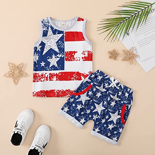 Image of Noubeau 4th of July Toddler Boys Outfits American Flag Tank Tops Patriotic T-Shirts Tees Star Pocket Drawstring Shorts