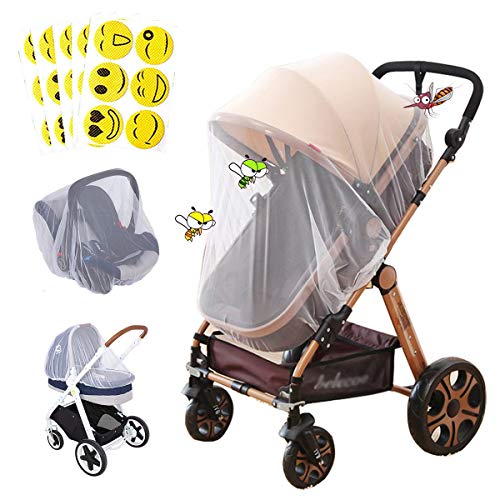 Kit Zanzariera Universale Bianca per Passeggino+30pz Adesivi Antizanzare Bambini Protezione per Ovetto Carrozzina Culle Zanzare Insetti (Diametro: 145 cm)