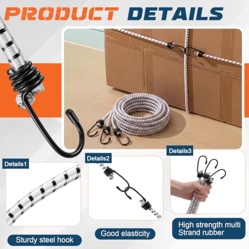 Image of Extra Long Bungee Cords with Hooks 0.39 Inch Thick Heavy Duty Bungee Straps for Outdoors, Camping, Rvs, Bikes, Cargo (White+Black,120 Inch,3 Pcs)
