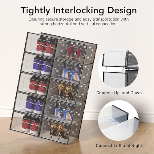 Foluck X-Large Shoe Storage Box, 15 Pack Clear Plastic Stackable Shoe Organizer for Closet, Interlocking Design Shoe Container Bins for Sneakers, Foldable Shoe Rack with Lids, Black by Foluck - Used condition - Image 4