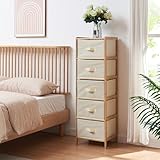 [en.casa] Kommode Maldon mit 5 Stoffschubladen Schubladenschrank 122 x 37 x 35 cm Aufbewahrungsschrank für Schlafzimmer Flur Ankleidezimmer Bambusgestell Natur/Beige