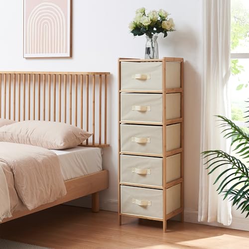 [en.casa] Cajonera Maldon Cómoda Mueble Versátil Aparador con 3 Cajones para Dormitorio Salón Sala de Estar Recibidor Bambú Cestas de Vellón 122x37x35cm   Bambú Natural/Beige