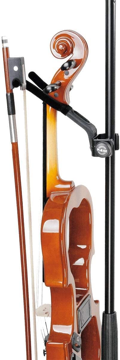 K&M 15580 Violinen-Halter Schwarz - flexible Klemmvorrichtung mit Bogenhalter, Filzbezug - für Geige und Bratsche