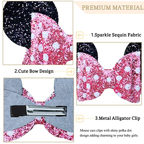 Modfuns Pink Mouse Ears Clips Sequin Bow Hair Clips 4Pcs 4.7X2.7 Inch Sparkle Hairbows For Baby Girls Princess Hair Bow Clips For Toddler Kids Barrettes Clips Cute Hair Accessories For Birthday Party #TOP2