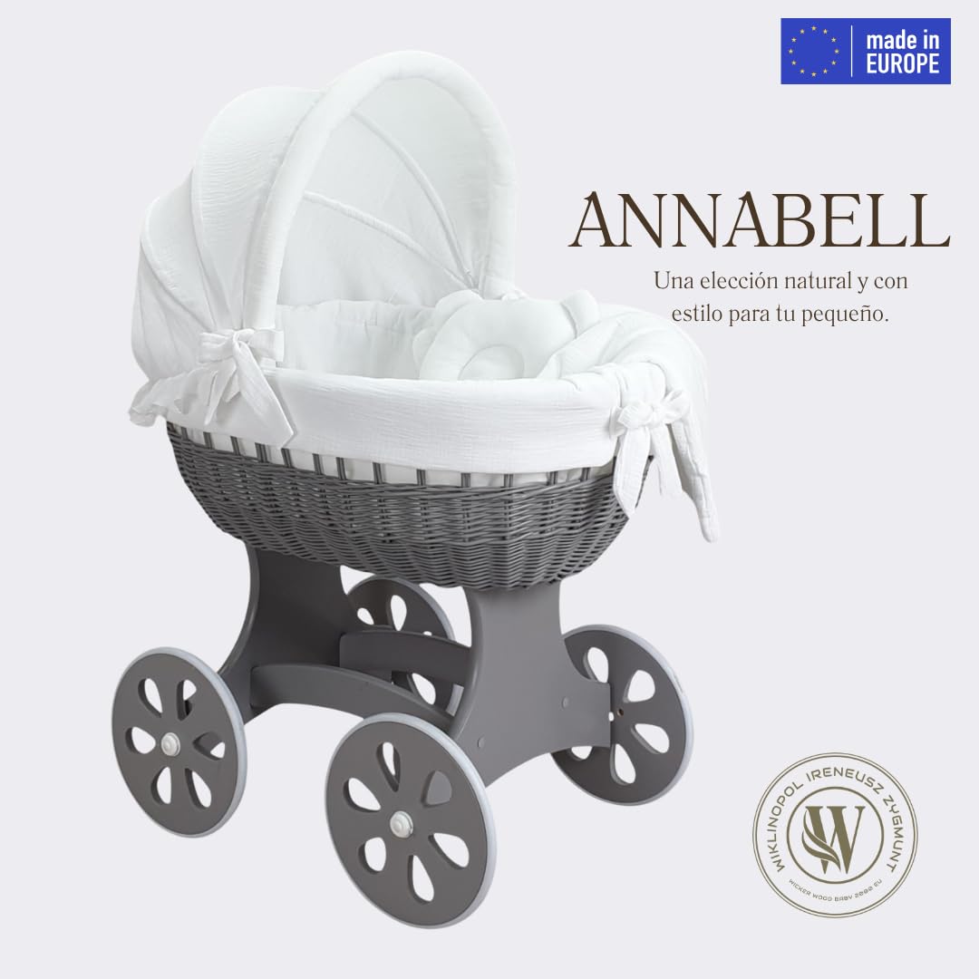 Wiklinopol Moisés de Mimbre para Bebé con Soporte de Madera y Ruedas Annabell – Cuna con Colchón y Ropa de Cama 5 Piezas Muselina Blanca – Cochecito Gris para Recién Nacido