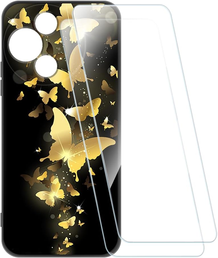 Printed Case + 2 Pack Screen Protectors Compatible with TCL NXTpaper 5G Junior, Shockproof Pattern Soft Cover and HD Clear Tempered Glass Film (Gold Butterfly)