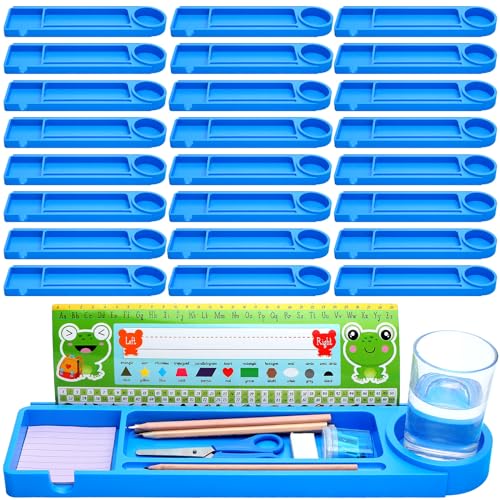 Gilprop 24 Pcs Classroom Desk Name Plates Holders for Student, Self Adhesive & Removable Index Cards Name Tags Stands with Pencil Trays Water Bottle Holder Desktop Organizer for School Classroom