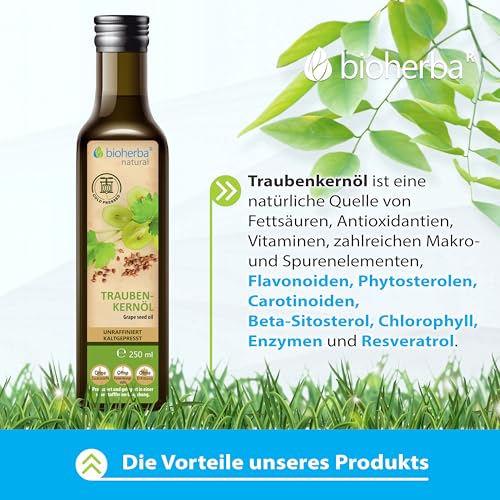 Traubenkernöl 250 ml – Kaltgepresstes natürliches Öl aus Traubenkernen | Vielseitig für Küche, Haut und Haarpflege | Reines Pflanzenöl von BIOHERBA