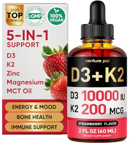 Venture Pal 5-in-1 Vitamin D3 10000 IU & K2 as MK-7 200mcg with Magnesium, MCT Oil, Zinc, Sugar-Free Vitamin D Liquid |Maximum Absorption for Bone, Mood & Immune Health - 2 FL OZ, 60 Days