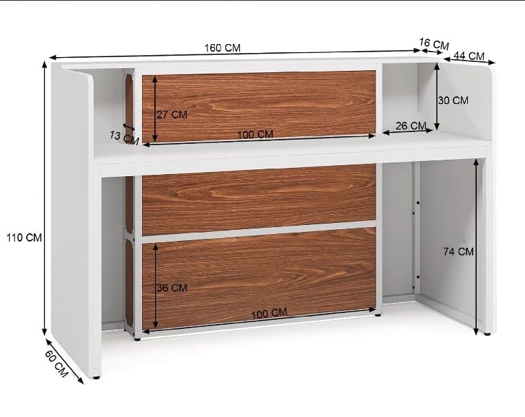 Image of TEKAVO Elite Reception Table for Office, Shop, Clinic, Showroom | Front Desk for Office | White & Brown Wood | 160 x 60 x 110 CM | DIY Assembly