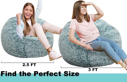 Image of Fluffy Bean Bag Chair, 3FT Round Memory Foam Filled Bean Bag for Teens & Kids, Ultra Soft Faux Fur Fabric Bean Bag Chairs for Playroom, Living Room, Bedroom, Dark Green