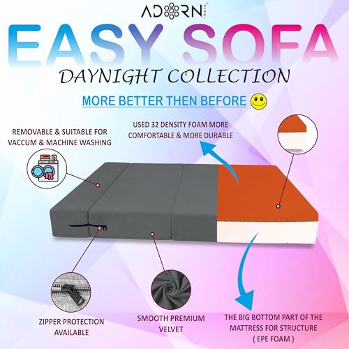 Image of Adorn India Easy 3 Seater Sofa Cum Bed | Velvet Fabric | Dark Grey | Plain Design | 6x5 Ft | Comfortable Seating | Washable Cover | Perfect for Home & Office