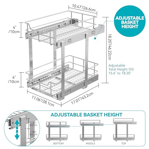 Image of 2 Tier Pull Out Cabinet Organizer 11 inch W X 17 inch D, Chromed, Full Slide Out