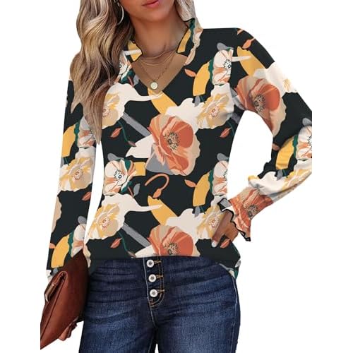 Kistore Long Sleeve Shirts for Women Pleated Cuffs Dressy Business Casual Blouses 2025 Trendy Puff V Neck Tunic Tops