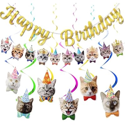 LAOREI Cat Themed Banner Birthday Decorations, ...
