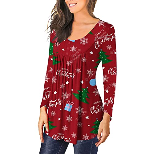 Masrin-Weihnachtsbluse-Damen-Oberteile-mit-Schneeflocken-Print-Tunika-Tops-mit-O-Ausschnitt-und-Langen-Aermeln-Plissierter-Pullover-mit-unregelmaessigem-Saum-Knopfdekor-Slim-T-Shirt-Herbst-Langarmshir