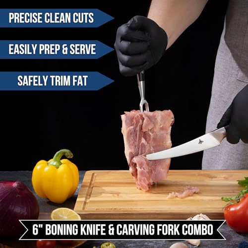 BBQ Carving Knife Set for Meat - 12" Brisket Slicing and 6" Boning Knife for Meat Cutting + 6" Carving Fork & 2 Sheath Covers - Full Tang - Razor Sharp German Steel - Professional & Build to Last - Image 4
