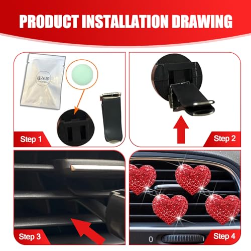 Image of Bling Heart Car Air Conditioner Air Outlet Clip, 1.07 inch x 1.07 inch All-over Rhinestone Cute Sparkling Clip-on Decorative Piece, Air Outlet Accessory, for Most Car Models (Red)