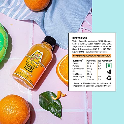 Image of Tipsy Tiger Orange Kaffir Lime Mojito, Vodka, Rum, Gin Cocktail Mixer, Makes 2 Drinks, Less Than 5% added Sugar, 250ml (Pack of 1 bottle), Fuss Free- Just add Ice and Alcohol