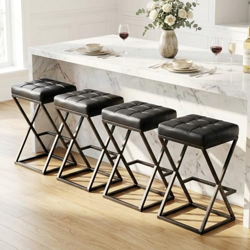 Image of Bar Stools Set of 4, 26 Inch Counter Height Stool Faux Leather Black | Backless Counter Stools with X-Frame Metal Legs, 3.3 inch Upholstered Seat, Mid-Century Modern, for Kitchen Island, Home Bar