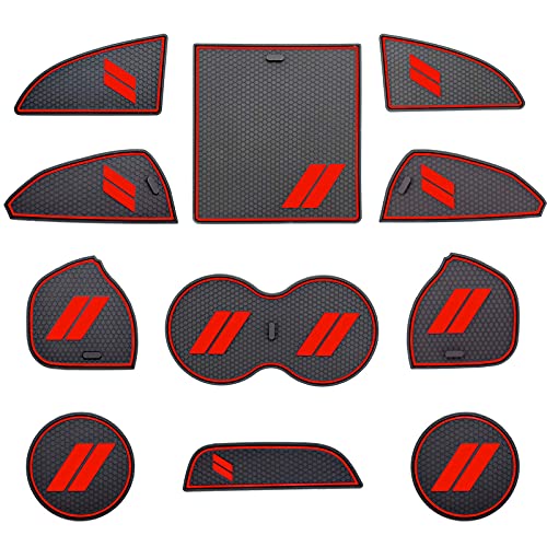 HAMSAM for Dodge Challenger Accessories 2015-2021 Cup Holder Inserts, Door Pocket Liners and Center Console Liner Mats Premium Custom Interior(11pcs Set,Red Trim)