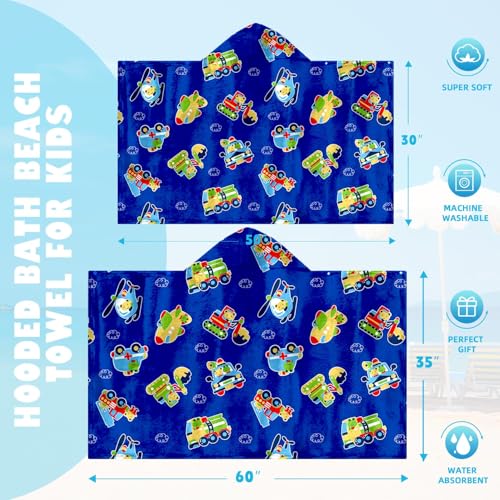 Image of Engineering Vehicle Boys Beach Towel with Hoodie for Kids Toddlers Age 4-8,Car Blue Bath Towels Shower Wrap for Boys, Hooded Poncho Beach Blanket for Pool Swimming Cute Wearable Bath Towel for Child