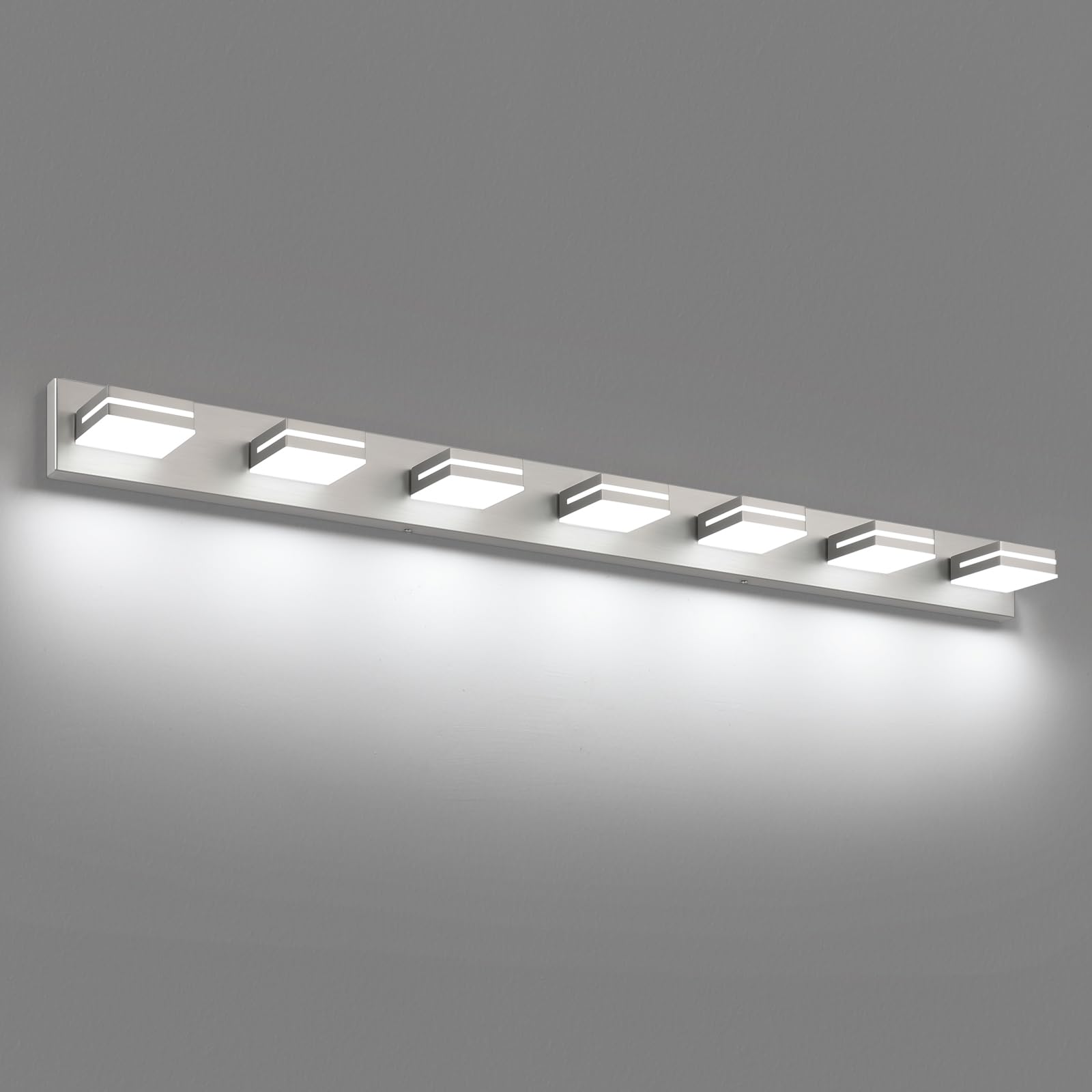 SineRise LED Modern Bathroom Vanity Light Fixtures, Modern Acrylic Bathroom Wall Lighting Fixtures Over Mirror, 7-Light, 55-Inch, Nickel, White