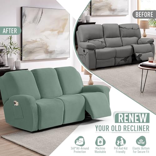 Image of TAOCOCO Recliner Sofa Covers 8-Pieces Stretch Large Couch Covers for 3 Seats Reclining Slipcovers Soft Jacquard Pattern Furniture Protector (Sage Green)