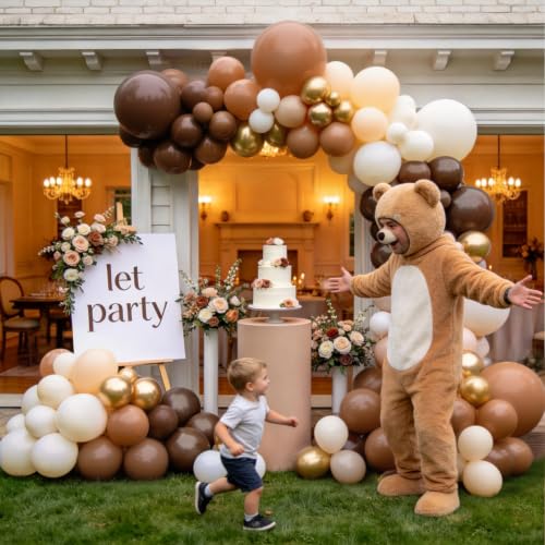 Image of Brown Balloons Garland Arch Kit, Gold,Neutral Brown,Sand White,144 pcs | Coffee Balloons for Birthday Bear themed Baby Shower Wedding Party Decorations