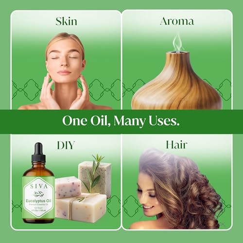 Image of Siva Eucalyptus Essential Oil 4 Fl Oz - for Diffuser, Skin & Hair Care - Ideal for Aroma, Massage & DIY Blends- with Dropper