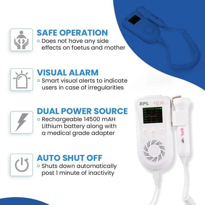 BPL Medical Technologies FD-02 Fetal Doppler Smart Noise Reduction & Heartbeat Detection Machine with in-Built Speaker for Home and Clinic Use - White 4