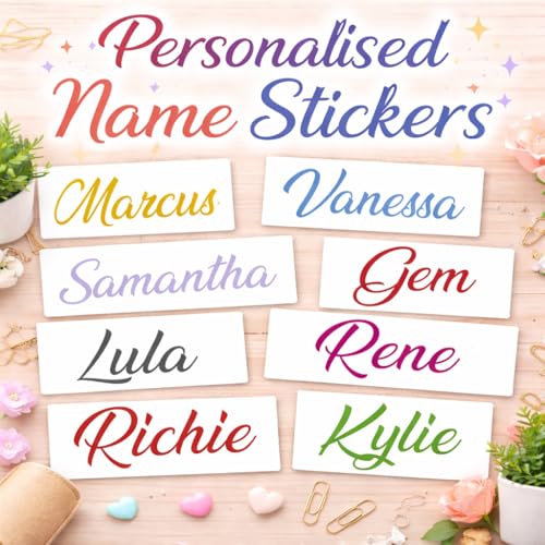 Image of 2 x Personalised Vinyl Name Stickers – 3cm Height Custom Labels – Wedding Name Decals for Glasses, Wine Bottles, Favours, Gift Boxes & Party Decorations – Multiple Colour Options